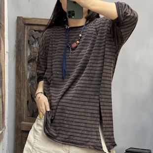 新品 2265 夏季 胸围134长68 条纹开叉炒色怀旧上衣女士T恤