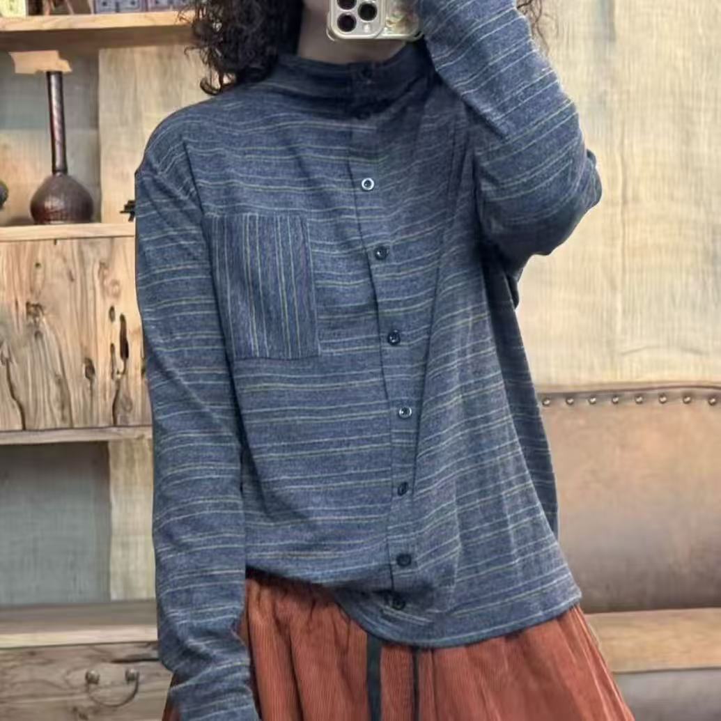 G15 8998 秋季新品休闲条纹半高领长袖女T恤打底衫 胸围110长62