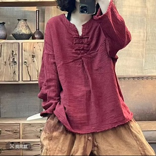 亚麻盘扣毛边V领休闲百搭女士上衣 新品 春季 胸围130长67 7568