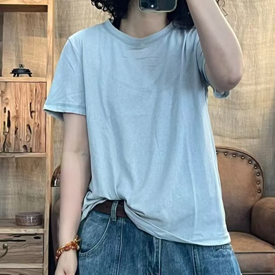 010 266 夏季新品休闲百搭简约炒色怀旧T恤女士上衣 胸围104长60