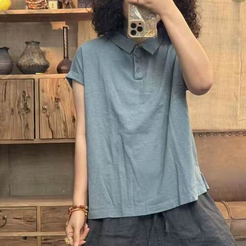 008 9835 夏季新品半扣休闲百搭翻领简约女士上衣 胸围116长60