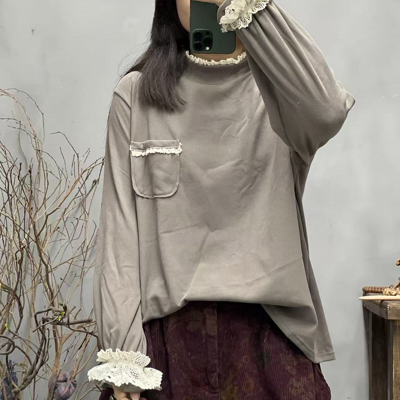 NN 秋季新品休闲百搭木耳领减龄森系打底衫女士上衣 胸围124长60