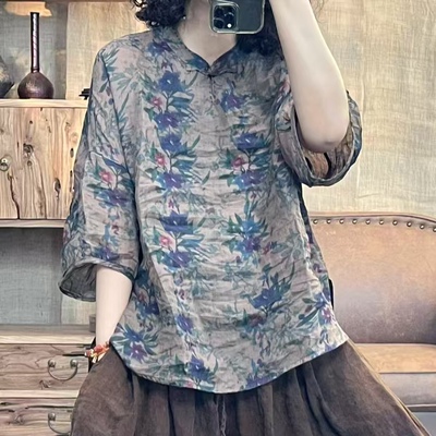 FF 7715 夏季新品苎麻花色复古文艺休闲百搭女士衬衫 胸围134长65