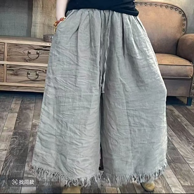 FF 6807-1 夏季新品毛边亚麻文艺直筒女裤子 臀围142长79麻灰81