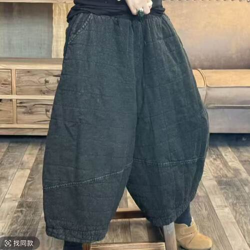 006 26118 冬季新品百搭七分裤靴裤夹棉亚麻女士裤子 臀围140长73