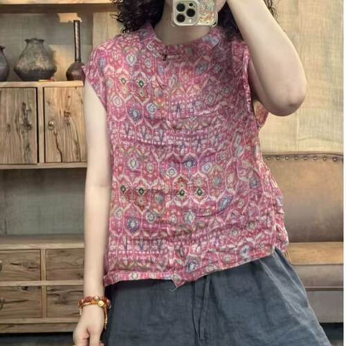 010 262470 夏季新品苎麻文艺休闲百搭花色女上衣 胸围112长57-60