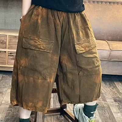 F30 8022 夏季新品麻料扎染做旧文艺休闲百搭女裤子 臀围142长63