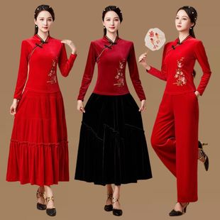 中国风古典舞民族风舞蹈长裙旗袍立领长袖演出服装金丝绒套装冬天