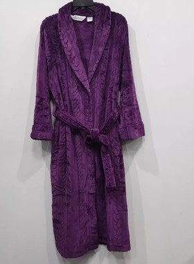 外贸原单大码加长款提花珊瑚绒睡袍浴袍男女秋冬加绒保暖睡衣紫色