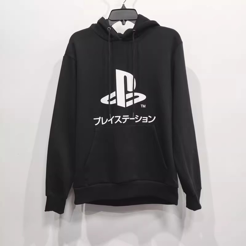 外贸原单加绒连帽运动卫衣黑色男女秋冬宽松休闲抓绒印花长袖帽衫