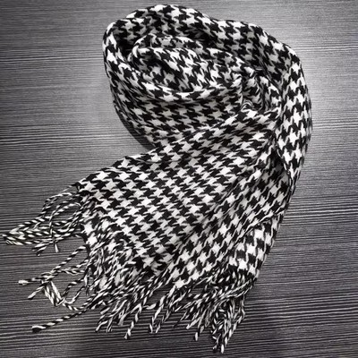 千鸟格仿羊绒黑白流苏围巾男女同款秋冬金典百搭保暖格子围脖