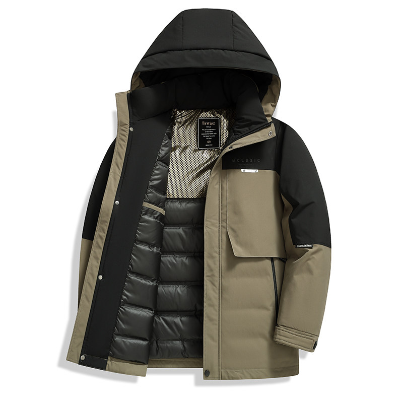 高端男装撞色拼接戴帽羽绒服