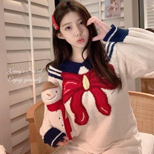 保暖睡衣可外穿冬 美少女海军领软糯半边绒家居服套装 香香 秘密