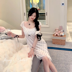 波点蕾丝法式 贵贵千金 睡裙带胸垫睡衣缎面家居服套新 秘密 香香