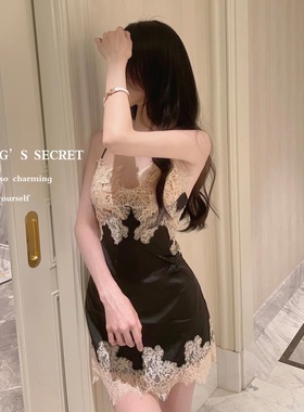 香香的秘密 情人泪 水溶蕾丝蓝色缎面光泽连衣裙纯欲吊带性感睡裙