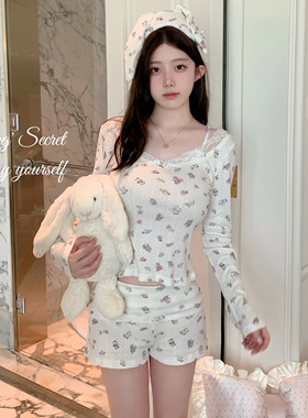 香香的秘密  原创款眼罩纯棉长袖碎花蕾丝露肩吊带打底衫套装女新