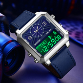 方形手表男士 双显石英电子表大表盘防水夜光闹钟计时潮酷商务休闲