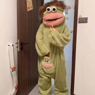 毛毛大嘴怪连体睡衣女抽象丑萌冬季男加厚珊瑚绒保暖卡通家居服