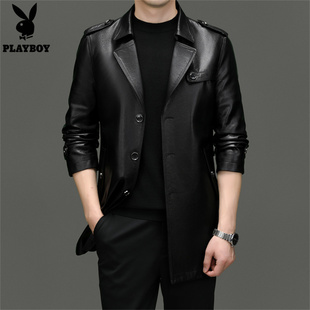 领皮衣男中长款 西装 商务休闲高端风衣外套潮流 男士 花花公子春秋季