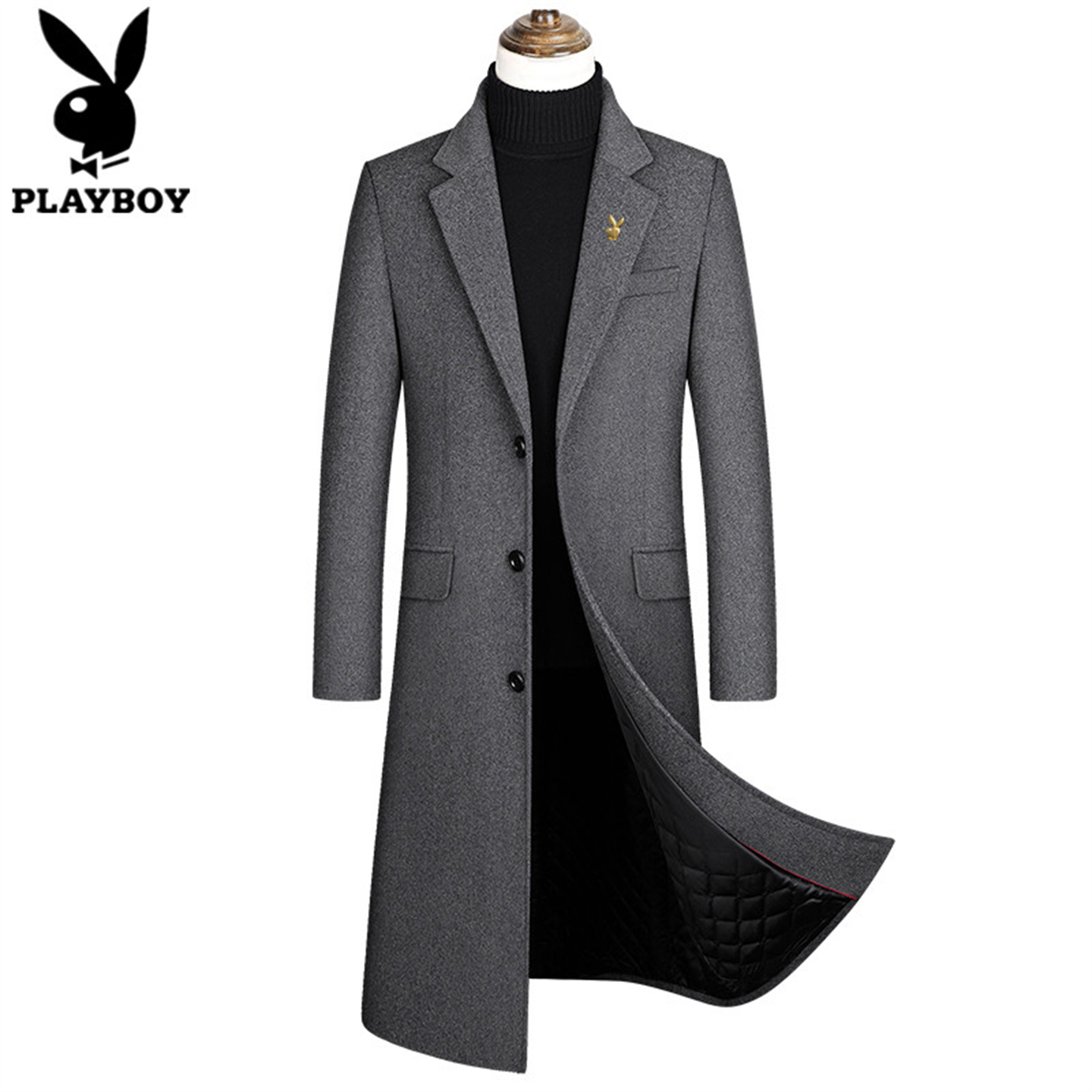 花花公子羊毛呢子大衣男加长风衣