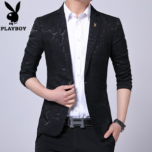 花花公子秋季男士印花小西装外套男青年韩版修身潮流休闲西服上衣