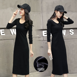 黑色打底连衣裙女秋冬配大衣长袖加绒加厚内搭修身显瘦气质长裙子