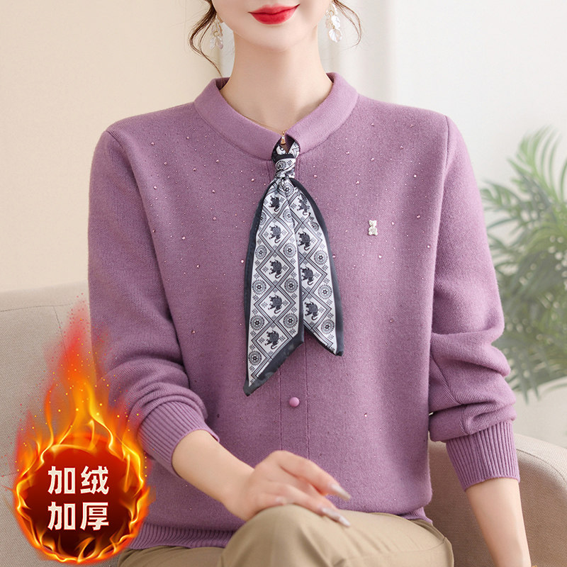 妈妈装秋冬一体绒套头毛衣中老年毛针织衫