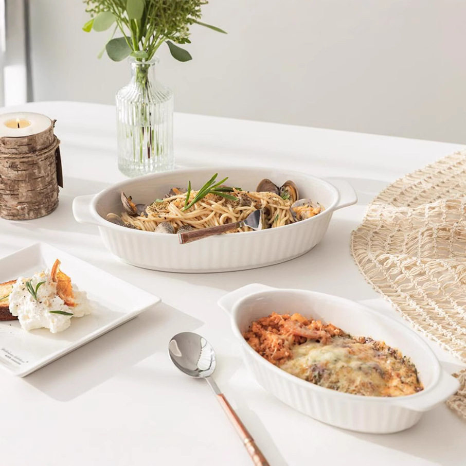 纯白色条纹椭圆陶瓷烤碗家用烤盘复古质感焗饭盘双耳早餐盘沙拉盘,餐饮具,盘,淘宝优惠券,粉丝福利购,淘宝优惠卷