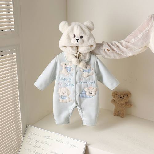 婴儿衣服冬装男女宝宝连体衣加绒加厚一体绒保暖外出防风外套抱衣