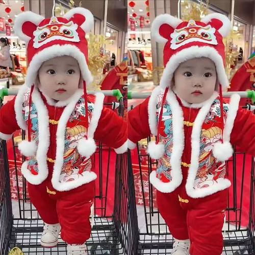 婴儿冬季拜年服加绒连体衣宝宝喜庆红色新年服过年加厚外出棉爬服