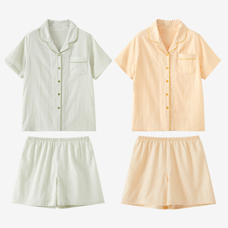 无印睡衣女士夏季纯棉双层纱布短袖短裤套装男格子情侣家居服薄