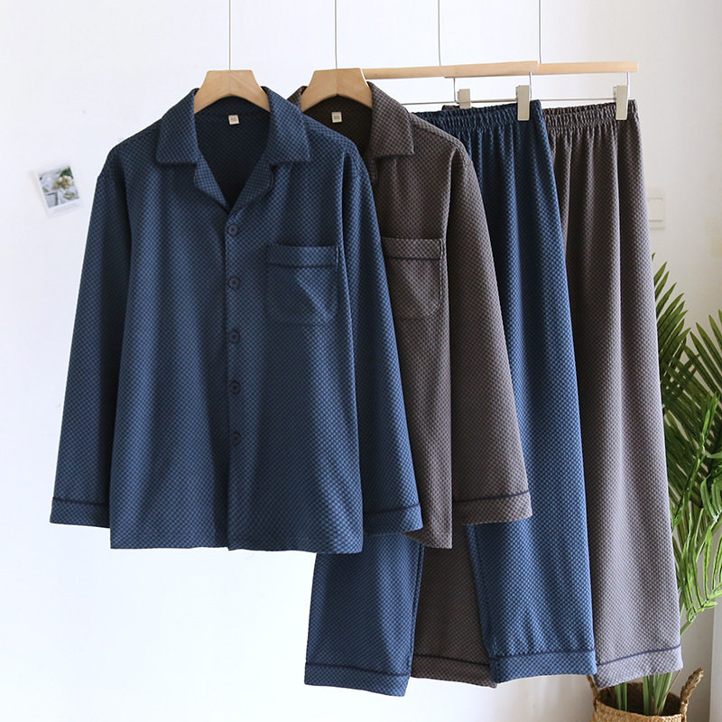 外贸日系秋冬睡衣男士格子德绒加绒加厚长袖家居服套装大码