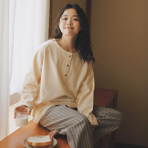 MUEJ无印弍睡衣女士秋冬全棉法兰绒可外穿套装纯棉磨毛套装家居服
