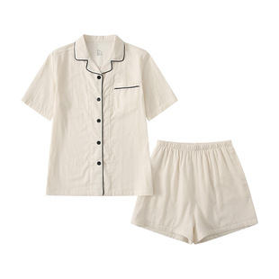 日系無簡母雞睡衣男女純棉雙層紗布夏季 短褲 情侶套裝 家居服薄 短袖