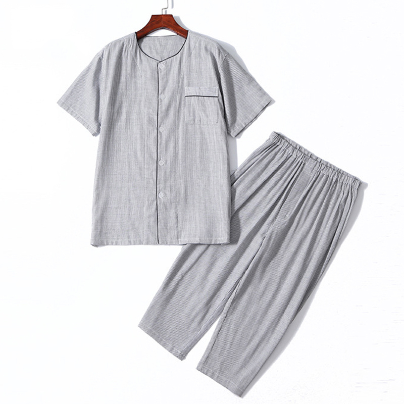 mueJ品质睡衣男女士夏季短袖纯色家居服纯棉纱布圆领情侣套装
