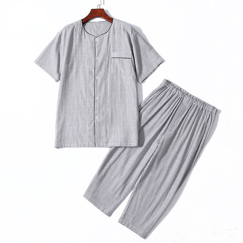 MUEJ无印弍睡衣男女士夏季短袖纯色家居服纯棉纱布圆领情侣套装