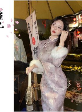 EACH崔九【绛紫】秋冬款加绒加厚连衣裙气质紫色新中式改良旗袍