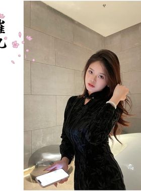 EACH崔九【夜宴】春秋款长袖连衣裙气质显瘦黑色新中式改良旗袍