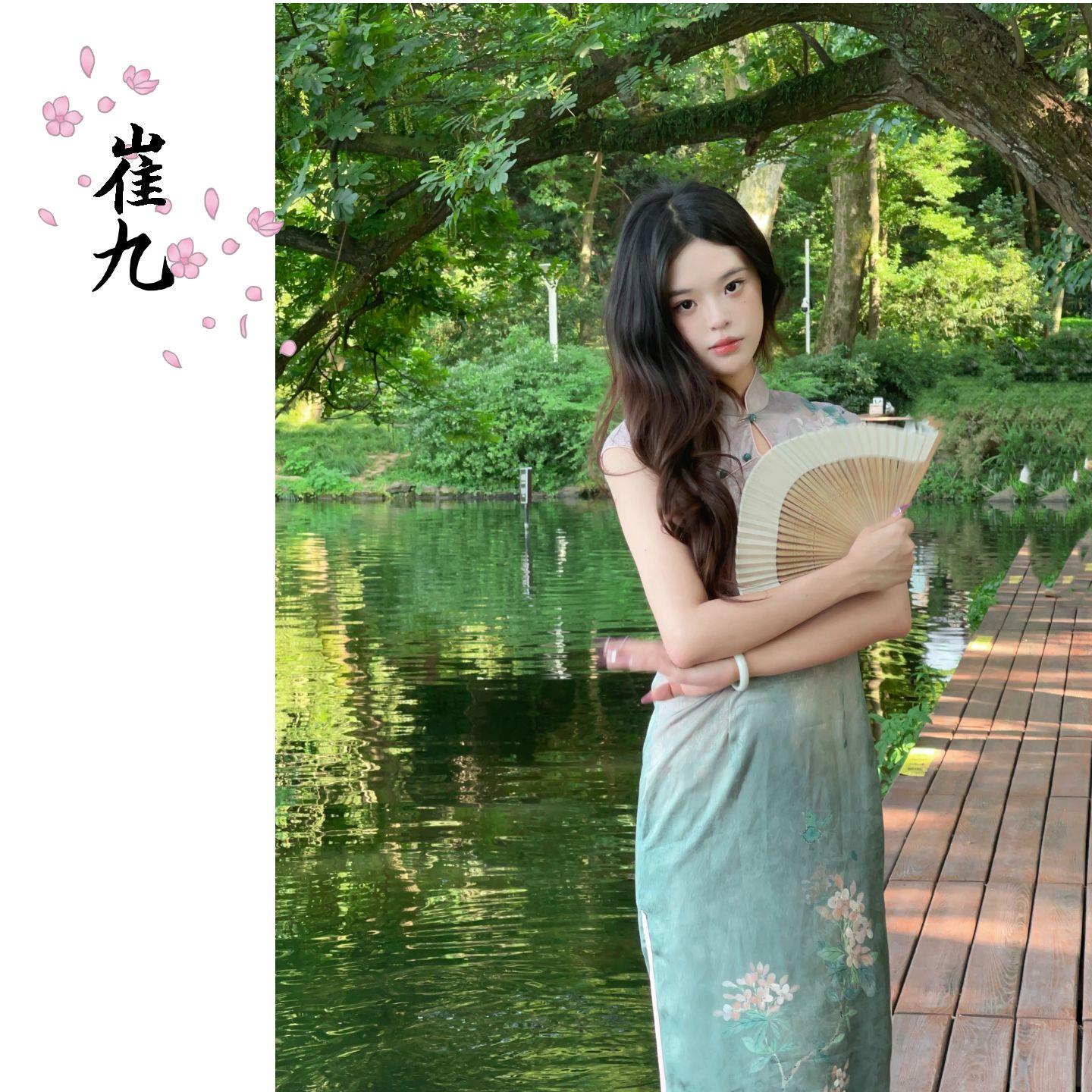 EACH崔九【濯清影】新中式改良少女旗袍夏季定位印花绿色连衣裙