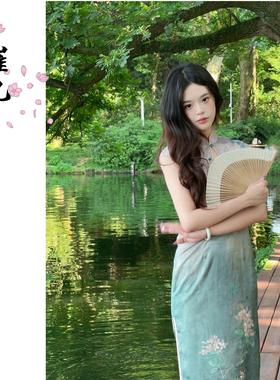 EACH崔九【濯清影】新中式改良少女旗袍夏季定位印花绿色连衣裙