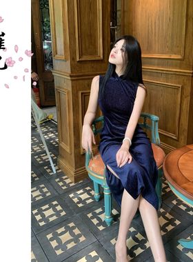 EACH崔九【星光熠熠】早秋款新中式改良旗袍气质星空蓝银线连衣裙