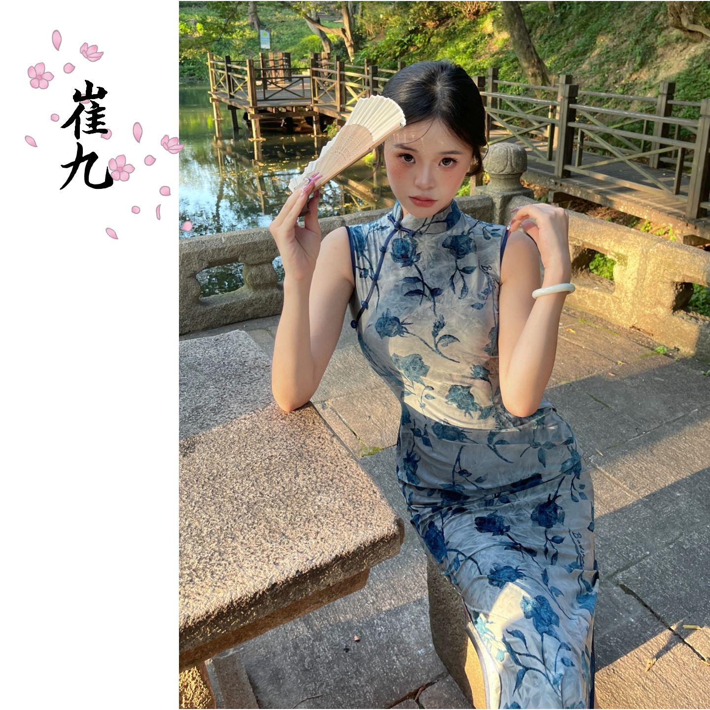 EACH崔九【上南枝】绝美新中式改良旗袍夏蓝色轻薄气质连衣裙长裙