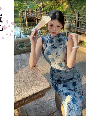 EACH崔九【上南枝】绝美新中式改良旗袍夏蓝色轻薄气质连衣裙长裙