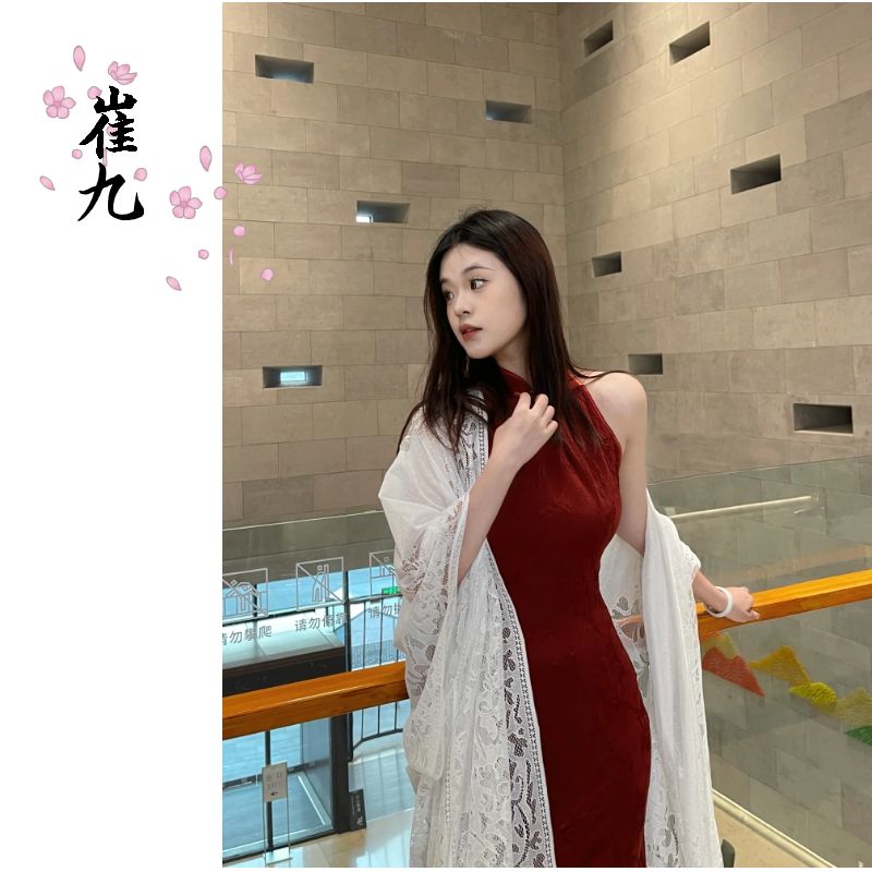 EACH崔九挂脖旗袍红色订婚结婚