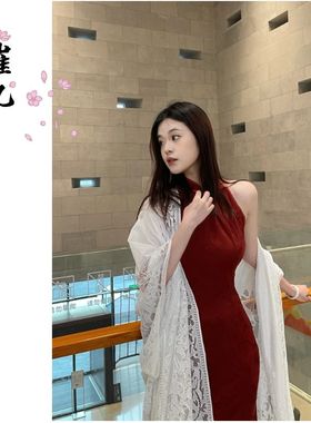 EACH崔九【相思饮】春夏款挂脖连衣裙结婚订婚红色新中式改良旗袍