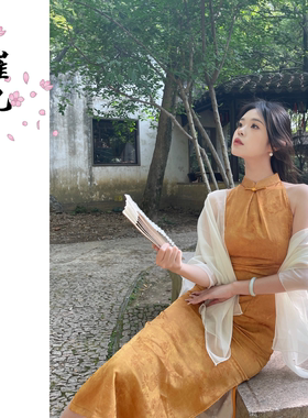 EACH崔九【金玉楼】新中式改良旗袍女夏绝美挂脖长裙连衣裙金黄色