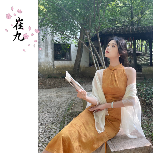 EACH崔九【金玉楼】新中式改良旗袍女夏绝美挂脖长裙连衣裙金黄色