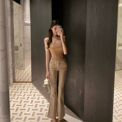 M900老钱风卡其色中低腰微喇叭牛仔裤女2025年新款修身显瘦长裤子