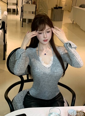 M900针织衫打底衫内搭女秋冬2024新款春秋上衣灰色短款显瘦假两件