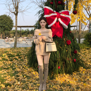 M900纯欲风一字肩毛衣女2025新款 上衣 宽松显瘦挂脖露肩针织中长款